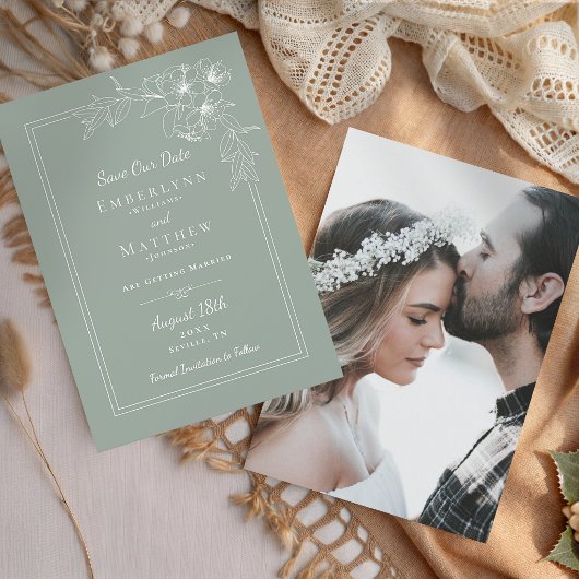 Modern Botanical Sage Green Photo Wedding Save The Date