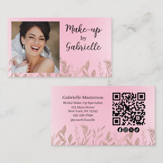 Modern Botanical Soft Pink Boho Photo QR Code Visitenkarte (Vorne/Hinten)