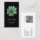 Modern Botanical Succulent QR code Black   Visitenkarte (Vorne/Hinten)
