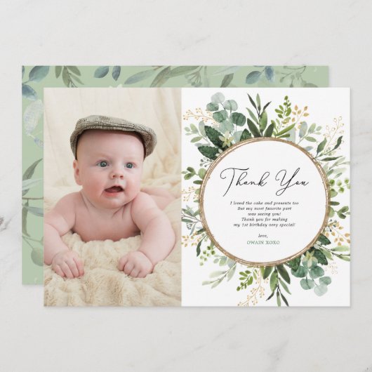 Modern Botanische Eukalyptus Grüne am 1. Geburtsta Dankeskarte (Vorne/Hinten)