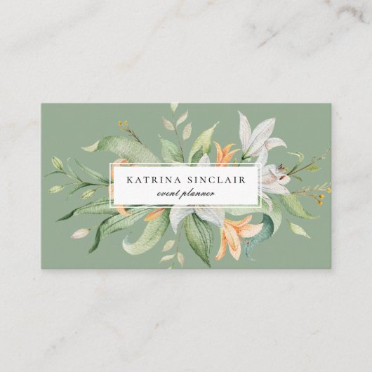 Modern Botanischer Lilienfloralarm Grün Visitenkarte (Vorderseite)