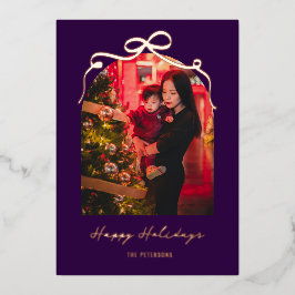 Modern Bow Arch Purple Christmas Photo Rose Gold Folien Feiertagskarte