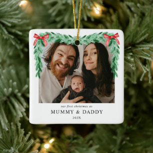 Modern Bow Erste Weihnachten als Mummy & Daddy Fot Keramikornament