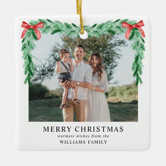 Modern Bow frohe Weihnachten Familie Foto Keramikornament (Vorderseite)