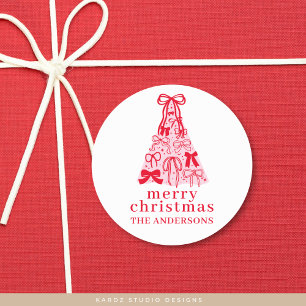 Modern Bow Pink Red Christmas Tree Runder Aufkleber