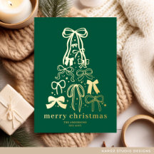Modern Bows Green Christmas Holiday Gold Foil Card