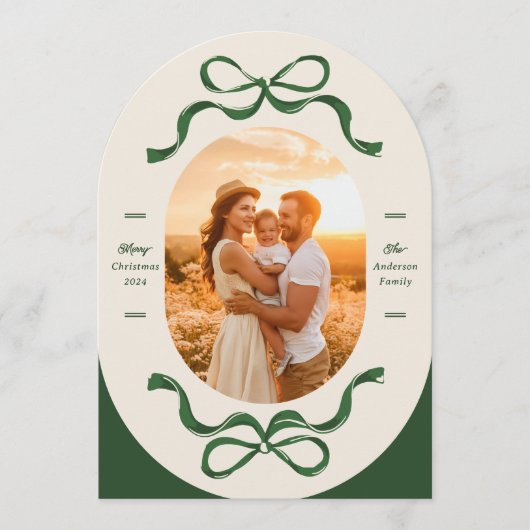 Modern Bows Green Oval Foto Weihnachtskarten Einladung (Vorderseite)