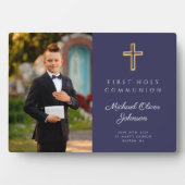 Modern Boy Blue First Heilige Kommunion Foto Fotoplatte (Vorderseite)