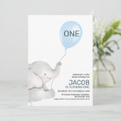 Modern Boys Elephant Blue Balloon 1. Geburtstag Einladung (Stehend Vorderseite)