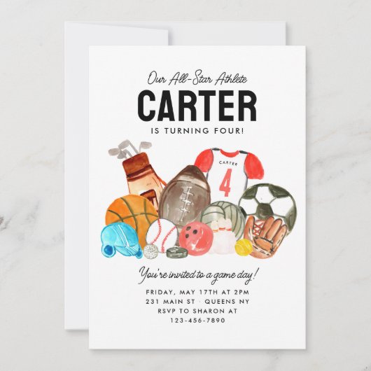 Modern Boys Sports Balls All Star Kids Birthday Einladung (Vorderseite)