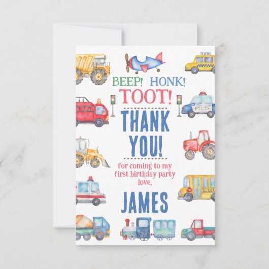 Modern Boys Transport Geburtstag Danke Karte (Vorderseite)