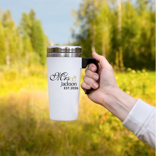 Modern Bride Name Wedding Ring Date Black Text Reisebecher