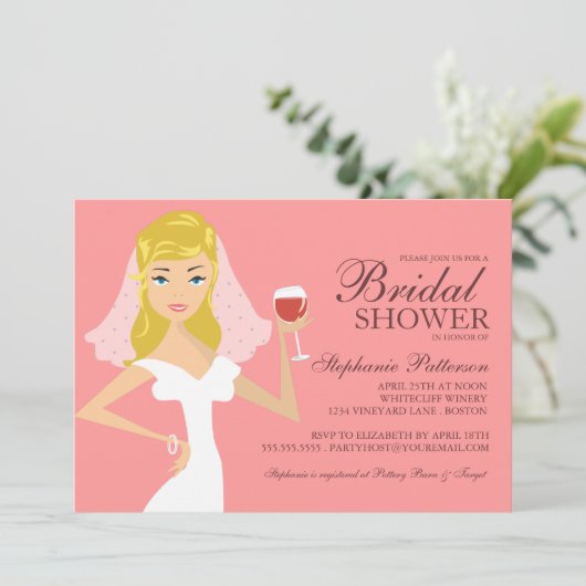 Modern Bride Wine Theme Bridal Dusche Einladung (Stehend Vorderseite)