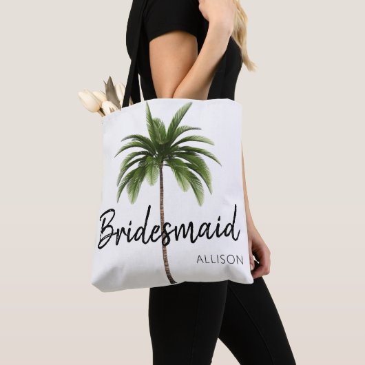 Modern Bridesmaid Beach Wedding Palm Tree Monogram Tasche (Von Nahem)