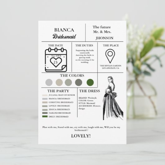 Modern Bridesmaid Info-Card-Brautparty Einladung (Stehend Vorderseite)