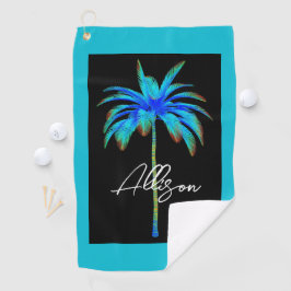 Modern Bright Blue Tropical Palm Tree Script Name Golfhandtuch