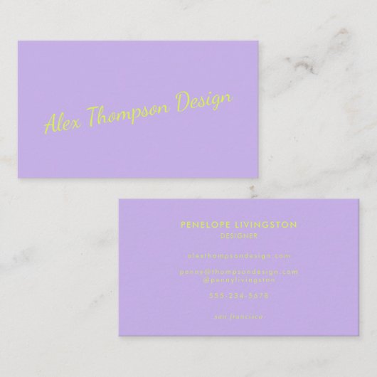 Modern Bright Lavender Chartreuse Script Visitenkarte (Vorne/Hinten)