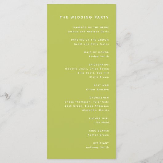 Modern Bright Lime Green Wedding Ceremony Programm (Rückseite)