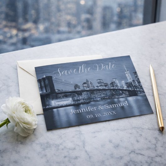 Modern Brooklyn Bridge NYC Navy Blue Cityscape