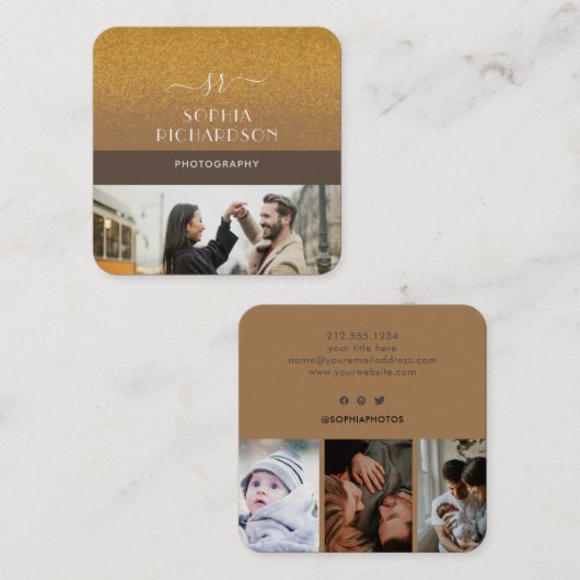 Modern Brown 4 Foto Gold Glitzer Monogram Quadratische Visitenkarte (Vorne/Hinten)