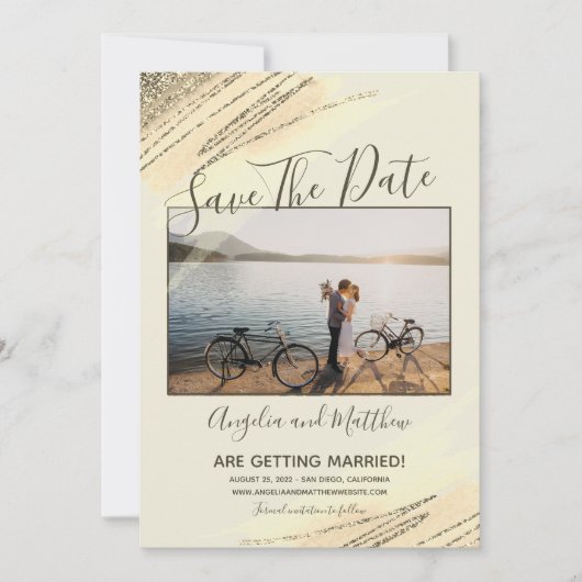 Modern Brown Gold Glitzer Spark Rette Date Foto Save The Date (Vorderseite)
