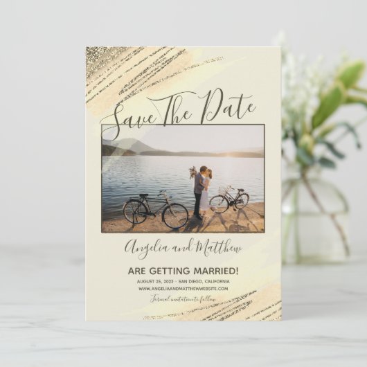 Modern Brown Gold Glitzer Spark Rette Date Foto Save The Date (Stehend Vorderseite)