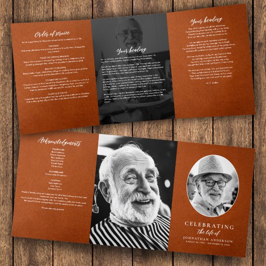 Modern Brown Leather 3-Foto Beerdigung/Gedenkstätt Dreifach-gefaltete Programmkarte