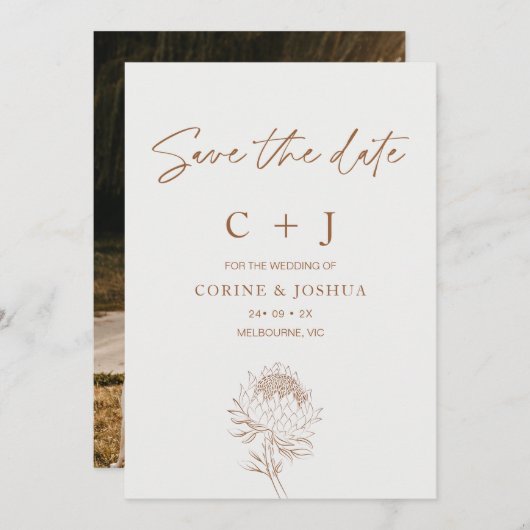 Modern Brown Line Floral Save the Date Card Einladung (Vorne/Hinten)