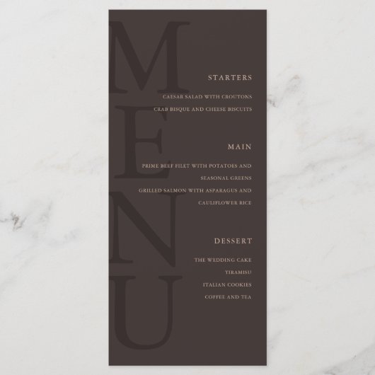 Modern Brown Minimalist Wedding Menükarte (Vorderseite)