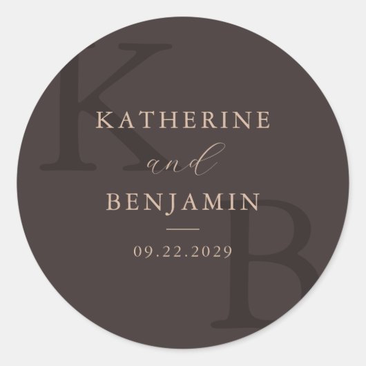 Modern Brown Monogram Minimalist Wedding Runder Aufkleber (Vorderseite)