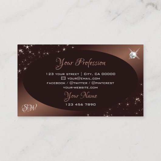 Modern Brown Ombre Glitzer Stars Diamonds Initiale Visitenkarte (Rückseite)