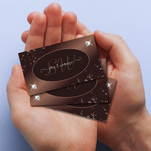 Modern Brown Ombre Glitzer Stars Diamonds Monogram Visitenkarte