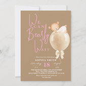  Modern Brown Pink Bear Balloon Baby Shower Einladung (Vorderseite)