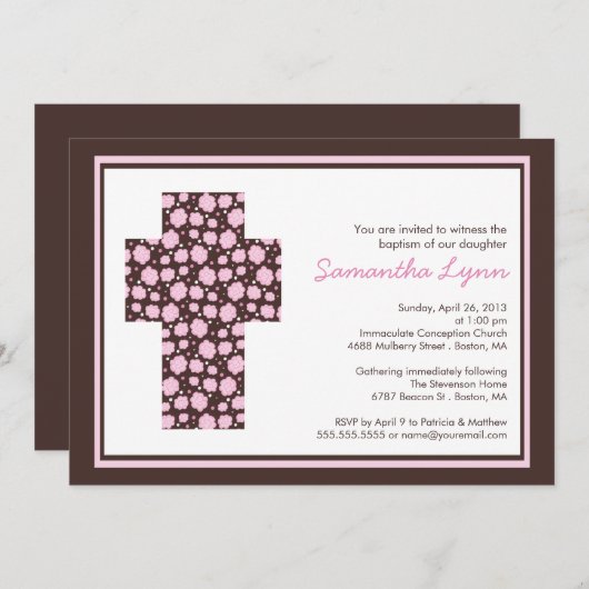 Modern Brown Pink Cross Girls Taufe Einladung (Vorne/Hinten)