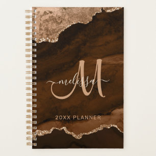 Modern Brown Rose Gold Glitzer Agate Monogram 2024 Planer