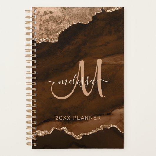 Modern Brown Rose Gold Glitzer Agate Monogram 2024 Planer (Vorderseite)