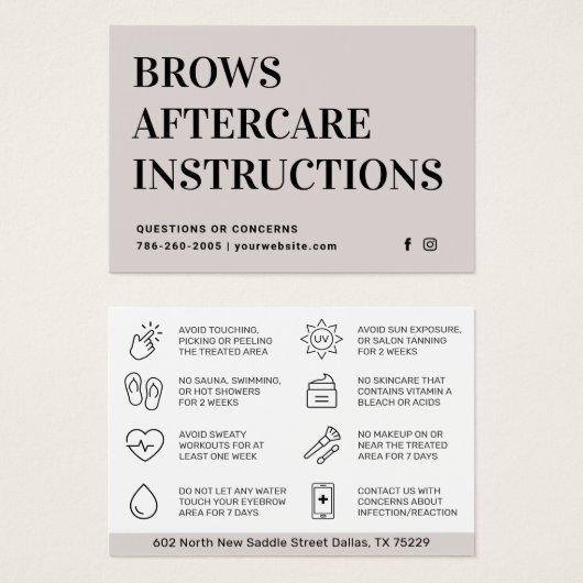 Modern Brows Aftercare PMU Brow Instructions Card  (Vorne & Hinten)