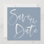 Modern Brush Calligraphy Script Dusty Blue Wedding Save The Date (Vorderseite)