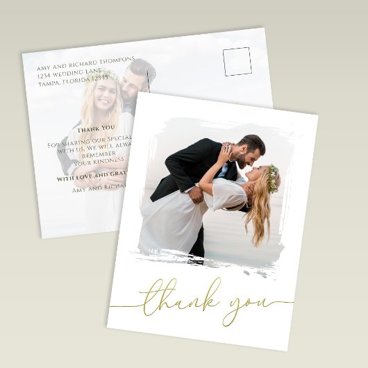 Modern Brush Photo Gold Script Wedding Thank You Postkarte