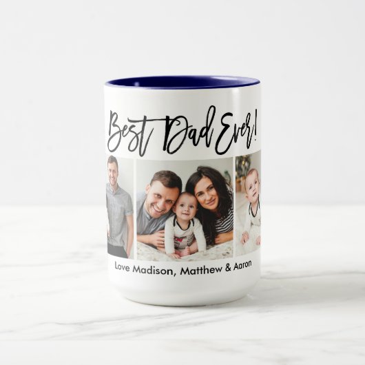 Modern Brush Script 3 Foto Bester Vater je blau Tasse (Zentrum)