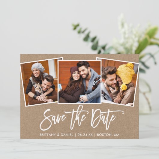 Modern Brush Script 3 Foto Collage Kraft Save The Date (Stehend Vorderseite)