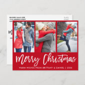 Modern Brush Script 3 Foto Couple Christmas Red Postkarte (Vorne/Hinten)