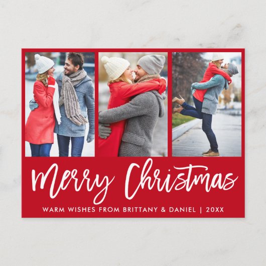 Modern Brush Script 3 Foto Couple Christmas Red Postkarte (Vorderseite)