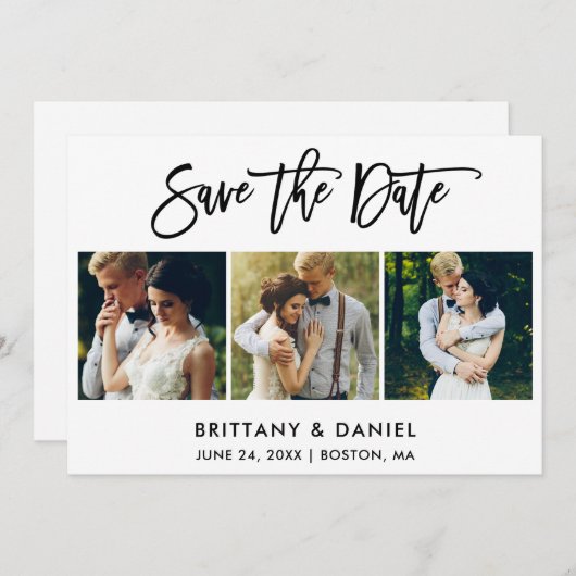 Modern Brush Script 3 Foto Save The Date (Vorne/Hinten)
