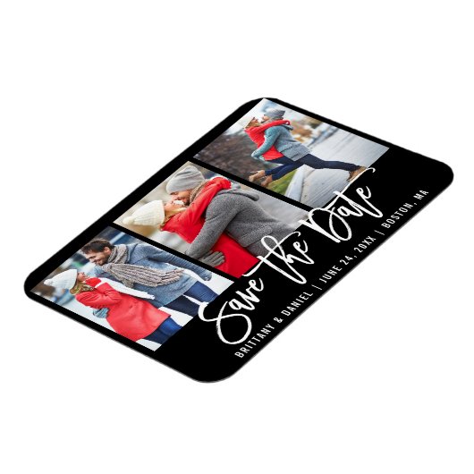 Modern Brush Script 3 Foto Save the Date blau Magnet (Linke Seite)