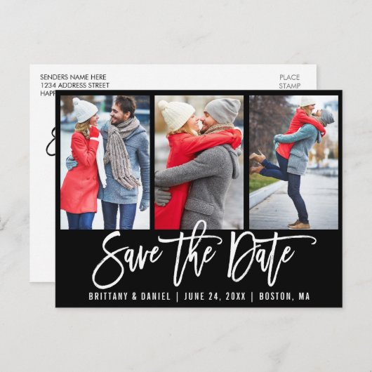Modern Brush Script 3 Foto Save the Date blau Postkarte (Vorne/Hinten)