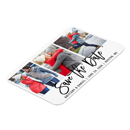 Modern Brush Script 3 Foto Save the Date Was Magnet (Linke Seite)