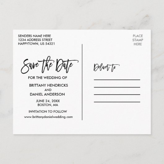 Modern Brush Script 3 Foto Save the Date Was Postkarte (Rückseite)