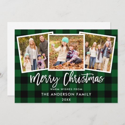 Modern Brush Script 3 Foto Weihnachten Grün Karier (Vorne/Hinten)