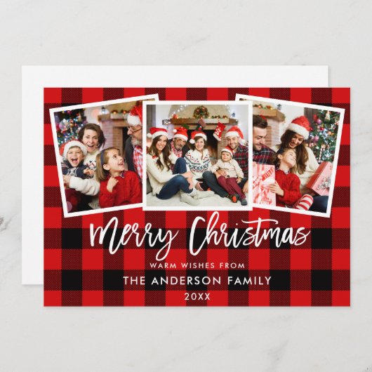 Modern Brush Script 3 Foto Weihnachten Rot Kariert (Vorne/Hinten)